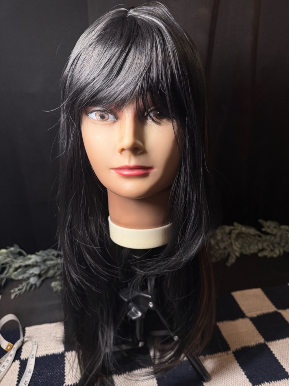 Long Layered Black Wig with Bangs and Auburn highlights synthetic wig